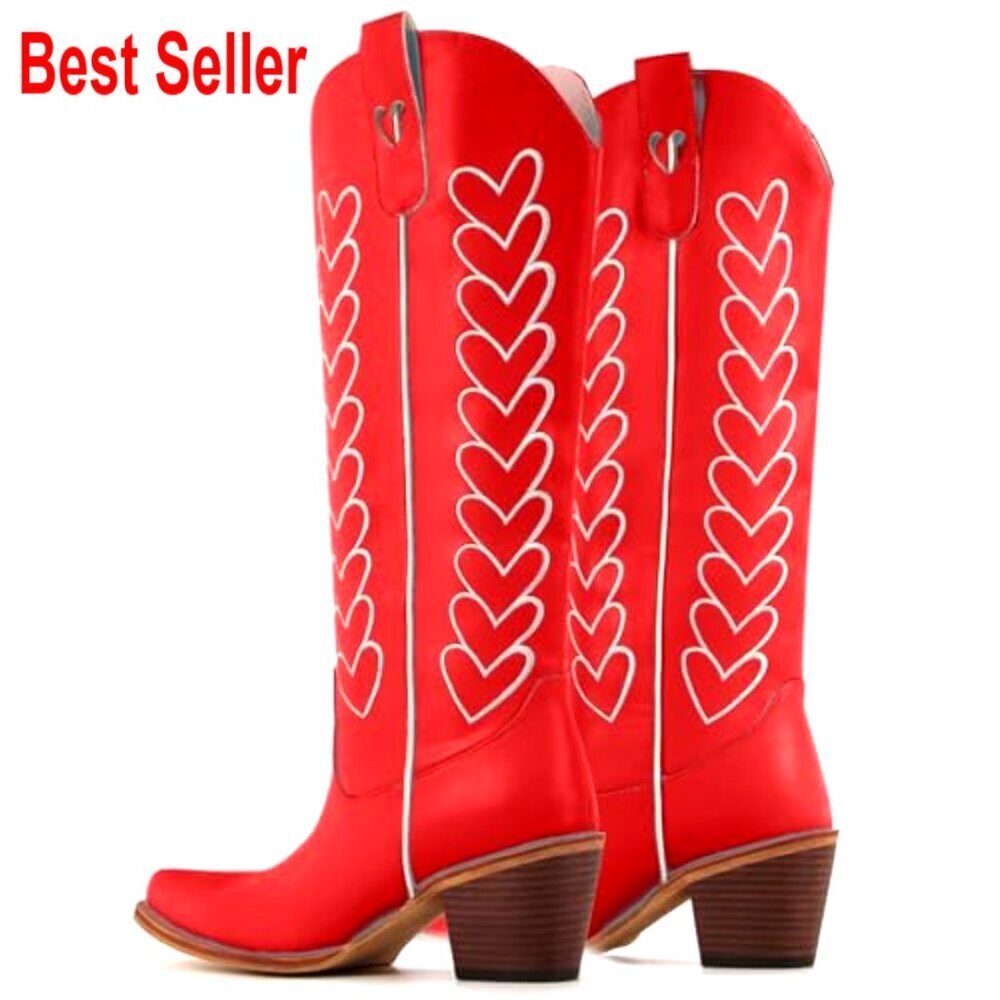 Knee High Cowboy Boots with Hearts Embroidery, Chunky Heel, Western Style - Picture 4 of 4